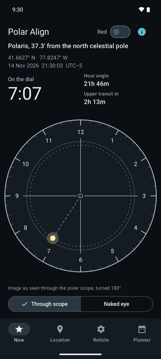 Polar Align main screen: clock-face reticle with Polaris at the 7 o'clock position and the dial reading 7:07